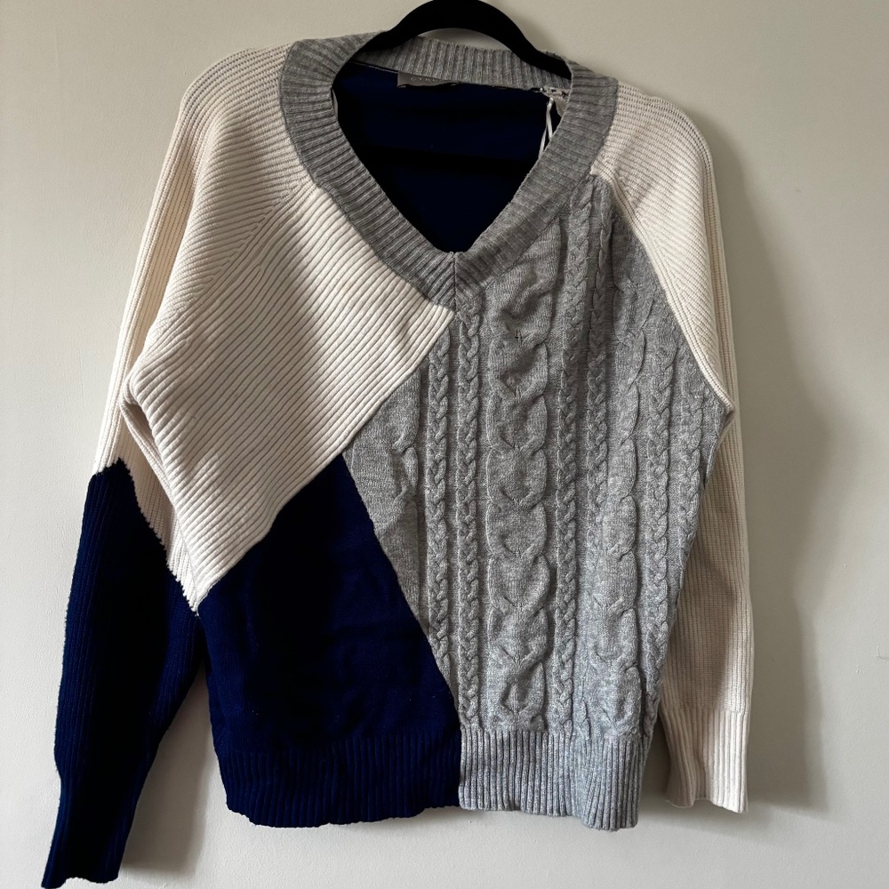 Cyrus Colorblock Patchwork Sweater – Cream, Grey, Blue – Large